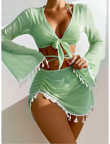 Bikini Swimsuit With Skirt Cheeky Slim Backless Vacation Beach Wear Color V Neck Long Sleeve Bathing Suits