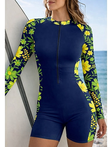 Rash Guard Bathing Suit Athletic Swimwear Tropical Zip Up Removable Pad Front Zip Uv Sun Protection Upf50+ Ultra Light (ul) Long Sleeve Swimwear Sun Shirt Surfing Beach Water Sports