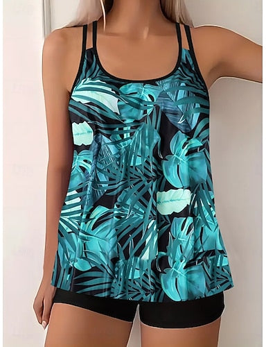 Tankini 2 Piece Swimsuit Palm Shorts Tummy Control High Waist Slim Backless Vacation Beach Wear Ombre Geometic U Neck Sleeveless Bathing Suits