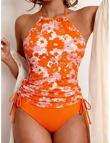 Swimwear Tankini 2 Piece Cheeky Swimsuit Drawstring Vacation Beach Wear Graphic Halter Neck Sleeveless Bathing Suits