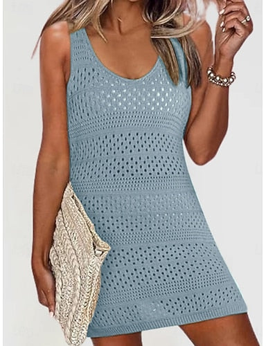 Swimwear Cover Up Swim Dress Swimsuit Knit Vacation Beach Wear Color V Neck Sleeveless Bathing Suits