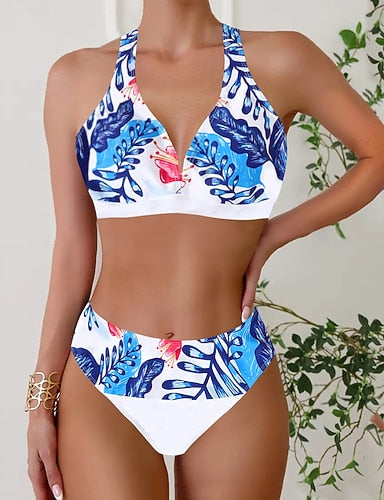 Swimwear Bikini Tankini 2 Piece Cheeky Swimsuit Deep V Push Up Knitted Vacation Tropical Color Block Plunge Sleeveless Bathing Suits