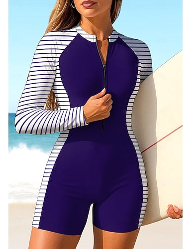 Rash Guard One Piece Surfing Suit Bathing Suit Geometric Stripes Color-blocking Zip Up With Built in Bra Removable Pad Uv Sun Protection Upf50+ Ultra Light (ul) Long Sleeve Swimwear Sun Shirt