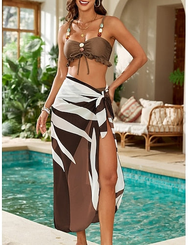 Bikini 3 Piece Swimsuit Palm Skirt Slim Backless Vacation Beach Wear Striped V Neck Sleeveless Bathing Suits