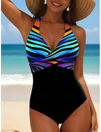 One Piece Swimsuit Slimming Ruched Vacation Beach Wear Striped Sleeveless Bathing Suits