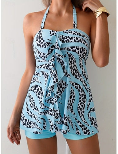 Tankini 2 Piece Swimsuit Leopard Boy Leg Tummy Control High Waist Slim Backless Vacation Beach Wear Halter Neck Sleeveless Bathing Suits
