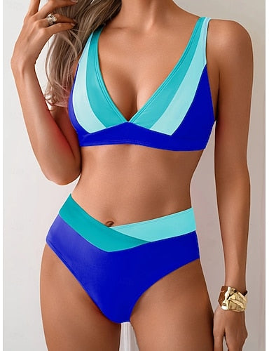 Bikini 2 Piece Swimsuit Colorblock Cheeky Slim Backless Vacation Beach Wear Color Block V Neck Sleeveless Bathing Suits