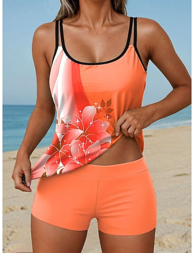 Tankini 2 Piece Swimsuit High Waist Backless Vacation Beach Wear Ombre U Neck Sleeveless Bathing Suits