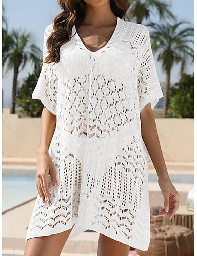 Cover Up Swimsuit Dress Cut Out Knit Vacation Beach Wear Color V Neck Short Sleeves Bathing Suits