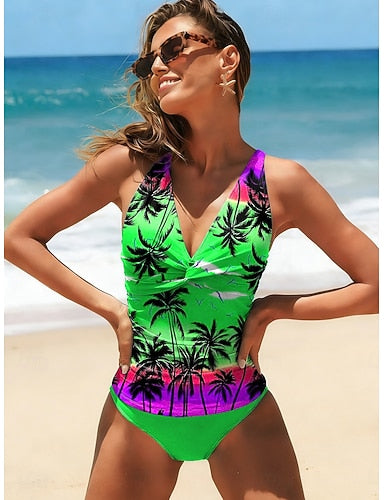 Tankini 2 Piece Swimsuit Slimming Palm Shorts Backless Vacation Beach Wear Graphic Tropical V Neck Sleeveless Bathing Suits