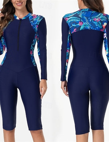 Rash Guard One Piece Swimsuit Printed Front Zip Spandex Uv Sun Protection Upf50+ Quick Dry Long Sleeve Bodysuit Bathing Suit Surfing Beach Water Sports Summer