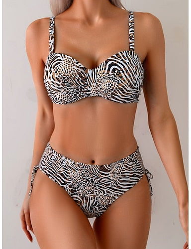 Swimwear Bikini 2 Piece Briefs Swimsuit Slim Backless Vacation Beach Wear Ombre Leopard V Neck Sleeveless Bathing Suits