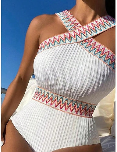One Piece Swimsuit Slimming Cutout Monokini Tummy Control High Waist Slim Backless Vacation Beach Wear Color Block Halter Neck Sleeveless Bathing Suits