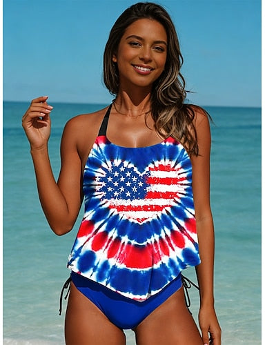 Independence Day American Swimwear Bikini 2 Piece Cheeky Swimsuit Slim Backless Vacation Beach Wear Graphic Flag V Neck Sleeveless Bathing Suits