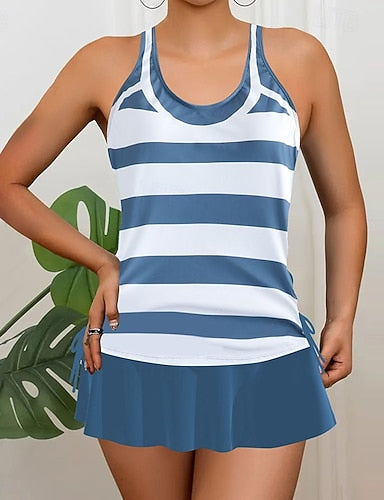 Swimwear 2 Piece Skirt Swimsuit Backless Vacation Beach Wear Graphic Round Neck Sleeveless Bathing Suits