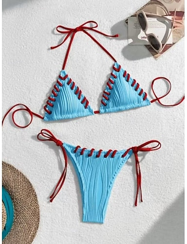 Swimwear Bikini 2 Piece Thong Swimsuit Slim Backless Vacation Beach Wear Color Halter Neck Sleeveless Bathing Suits