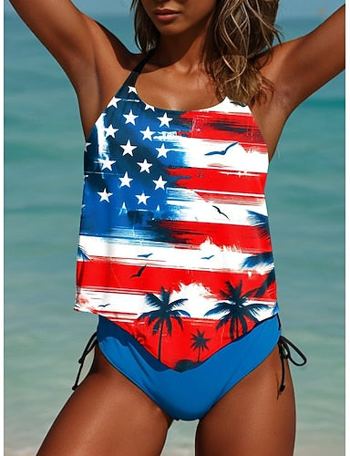 American Independence Day Swimwear Tankini 2 Piece Briefs Swimsuit Backless Vacation Beach Wear Flag Halter Neck Sleeveless Bathing Suits