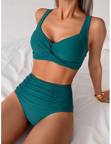 Swimwear Bikini 2 Piece Briefs Swimsuit Backless Slim High Waisted Vacation Beach Wear Color V Neck Sleeveless Bathing Suits