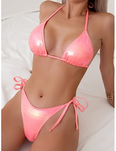 Swimwear Bikini 2 Piece Thong Swimsuit Backless Slim Vacation Beach Wear Color Halter Neck Sleeveless Bathing Suits