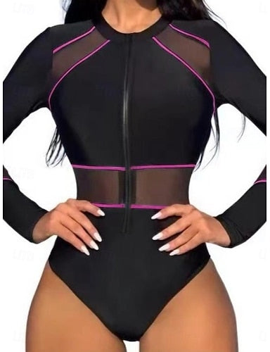 Swimwear One Piece Bikini Cheeky Swimsuit Zip Up Patchwork Vacation Beach Wear Color Block Round Neck Long Sleeve Bathing Suits