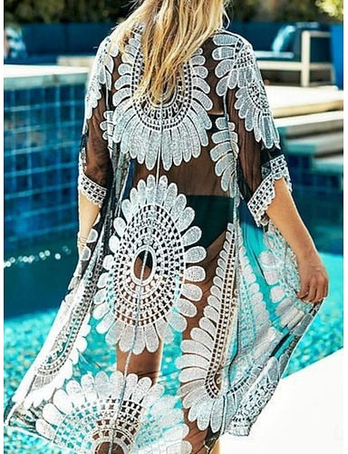 Swimwear Cover Up Swim Dress Swimsuit Lace Vacation Beach Wear V Neck Short Sleeves Bathing Suits