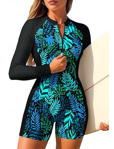 Regular Rash Guard One Piece Surfing Suit Bathing Suit Tropical Color-blocking Zip Up With Built in Bra Removable Pad Uv Sun Protection Upf50+ Ultra Light (ul) Long Sleeve Swimwear