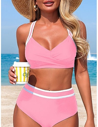 Swimwear Bikini 2 Piece Briefs Swimsuit Tummy Control High Waist Slim Backless Vacation Beach Wear Stripe V Neck Sleeveless Bathing Suits