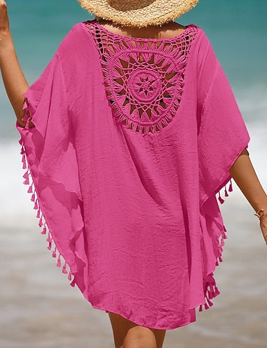 Swimwear Cover Up Swim Dress Swimsuit Crochet Vacation Beach Wear Color Round Neck Short Sleeves Bathing Suits