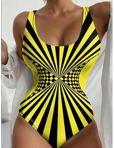 One Piece Swimsuit Slimming Colorblock Monokini High Cut Tummy Control High Waist Slim Backless Vacation Graphic Geometric U Neck Sleeveless Bathing Suits