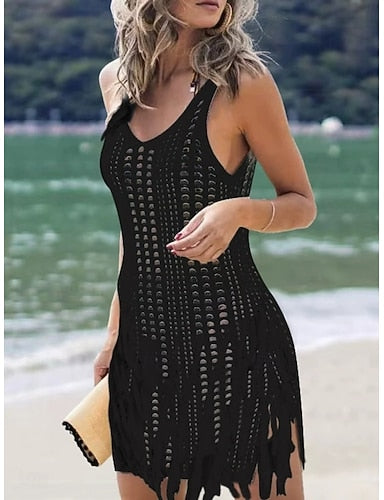 Cover Up Swimsuit Dress Cut Out Vacation Beach Wear Color U Neck Sleeveless Bathing Suits
