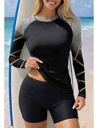 Rash Guard Swimsuit Rash Guard Tankini Swimsuits Gradient Stripes 2 Piece Removable Pad Boyleg Uv Sun Protection Upf50+ Uv Protection Long Sleeve Swimwear Sun Shirt Surfing Canoeing Water