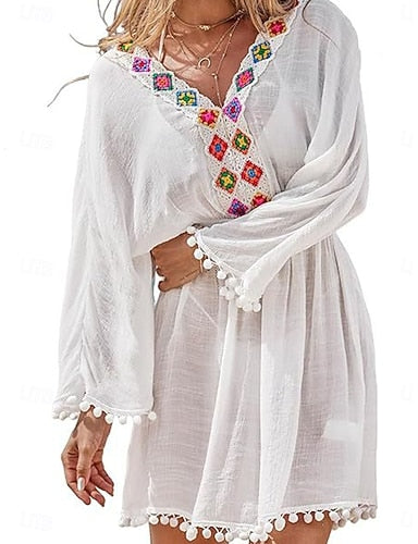 Mini Dress White Dress Beach Dress Cover Up Classic Batwing Sleeve Daily Outdoor Beach Loose Fit Graphic Plain Long Sleeve V Neck White Summer Spring