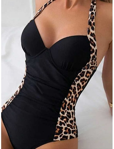 Swimwear One Piece Monokini Swimsuit Backless Tummy Control High Waist Slim Vacation Beach Wear Leopard U Neck Sleeveless Bathing Suits