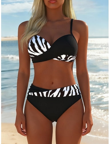 Swimwear Bikini 2 Piece Cheeky Swimsuit Slim Backless Vacation Beach Wear Zebra Print V Neck Sleeveless Bathing Suits