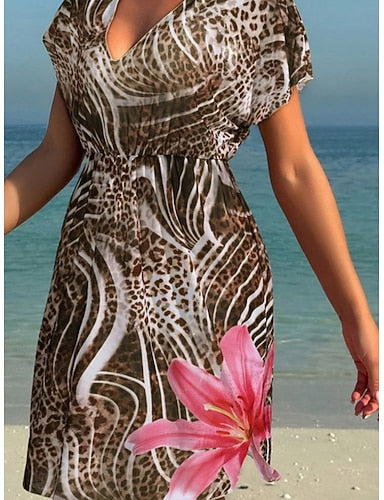 Swimwear One Piece Monokini Swimsuit Tummy Control High Waist Slim Backless Vacation Beach Wear Leopard V Neck Sleeveless Short Sleeves Bathing Suits