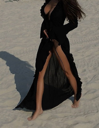 Swimwear Cover Up Swimsuit Ruffle Vacation Beach Wear Plain V Neck Long Sleeve Bathing Suits