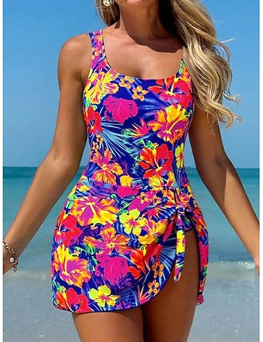 One Piece Swimsuit With Skirt Palm Monokini High Cut Tummy Control High Waist Slim Backless Vacation Graphic U Neck Sleeveless Bathing Suits