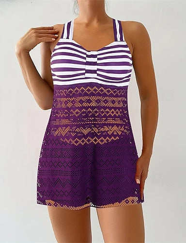 Tankini Two Piece Swimsuit Lace Swimwear Stripes Swimwear Black Purple Breathable Quick Dry Lightweight Sleeveless - Swimming Surfing Beach Summer Spring