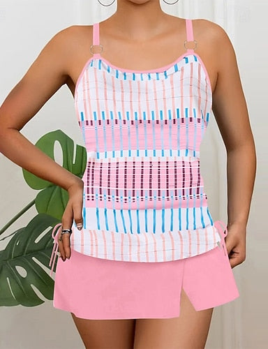 Swimwear 2 Piece Skirt Swimsuit Backless Vacation Beach Wear Striped Round Neck Sleeveless Bathing Suits