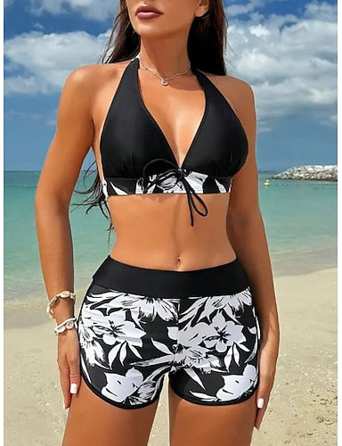 Swimwear Bikini 2 Piece Shorts Swimsuit Slim Backless Vacation Beach Wear Halter Neck Sleeveless Bathing Suits