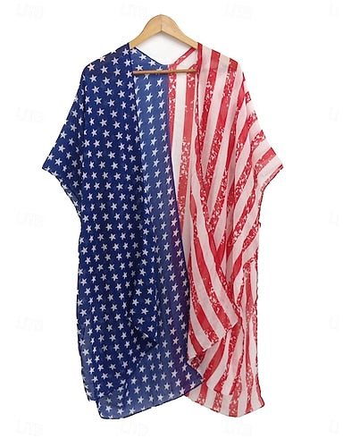 Swimwear Cover Up Swimsuit Vacation Beach Wear Flag V Neck Long Sleeve Bathing Suits
