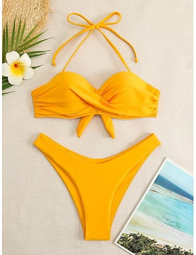 Swimwear Bikini 2 Piece Cheeky Swimsuit Slim Backless Vacation Beach Wear Color Halter Neck Sleeveless Bathing Suits