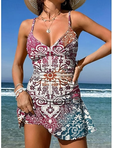 Swimwear One Piece Skirt Swimsuit Vacation Graphic Geometric V Neck Sleeveless Bathing Suits