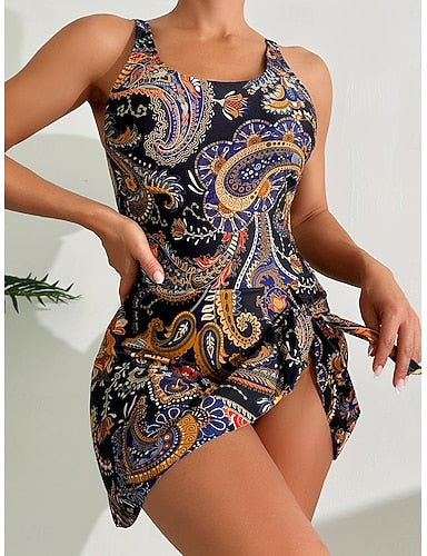 One Piece Swimsuit With Skirt Monokini High Cut Tummy Control High Waist Slim Backless Vacation Graphic Paisley U Neck Sleeveless Bathing Suits