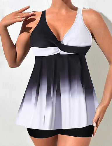 Tankini Two Piece Swimsuit V Neck Swimwear Swimwear Black White Quick Dry Lightweight Breathable Sleeveless - Surfing Beach Swimming Summer Spring