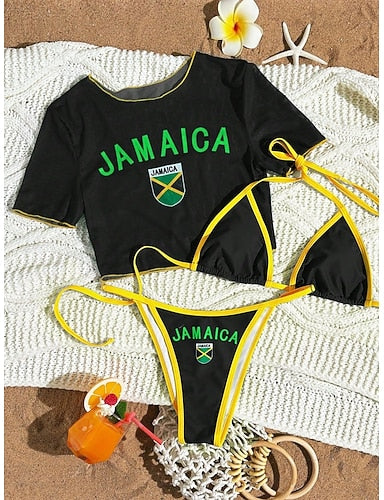 Swimwear Bikini Three Piece Thong Swimsuit Slim Backless Vacation Beach Wear Letter Round Neck Sleeveless Short Sleeves Bathing Suits