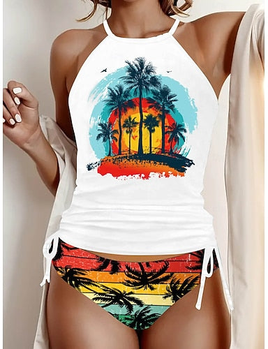 Tankini 2 Piece Swimsuit Ruched Briefs Tummy Control High Waist Slim Backless Vacation Beach Wear Graphic U Neck Sleeveless Bathing Suits
