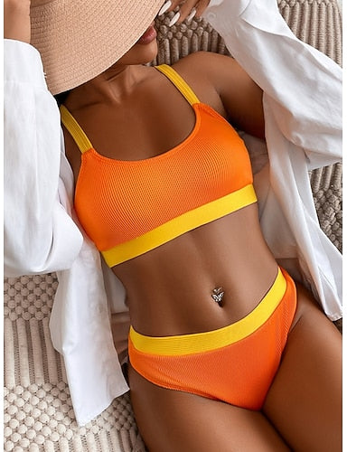 Swimwear Bikini 2 Piece Cheeky Swimsuit Backless Slim Vacation Beach Wear Color U Neck Sleeveless Bathing Suits