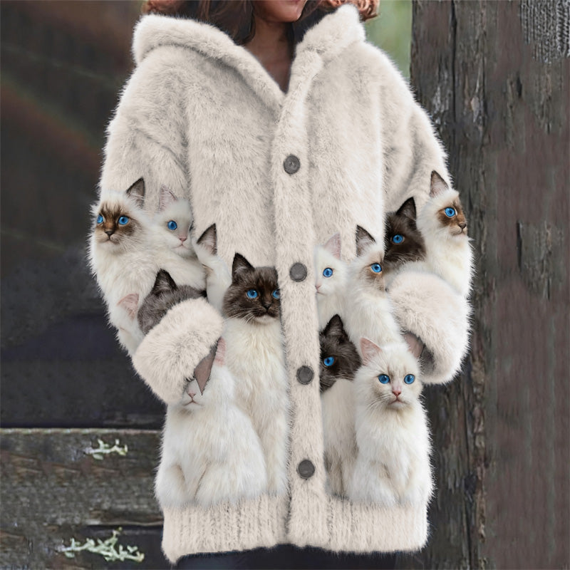Cardigan en laine à imprimé de chats noir et blanc