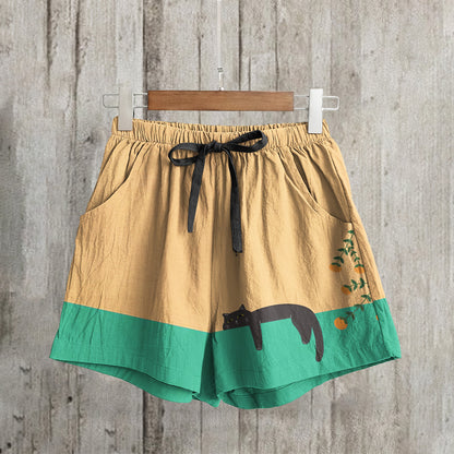 Abstract Creative Lazy Black Cat Painting Art Linen Shorts elevenforest